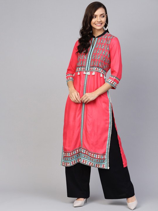 w women pink & sea green printed straight kurta