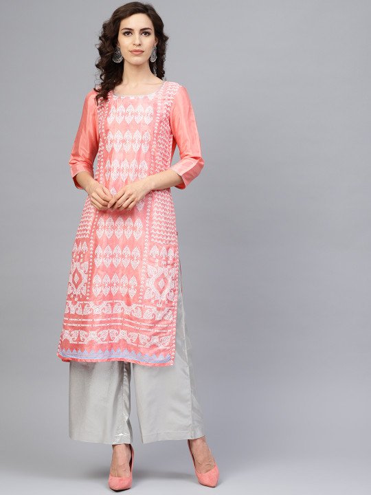w women pink & white printed straight kurta