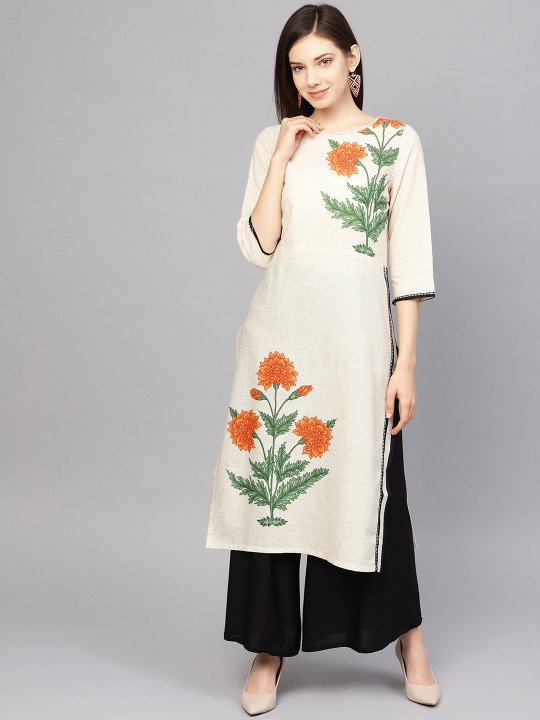 women off white & orange printed straight kurta