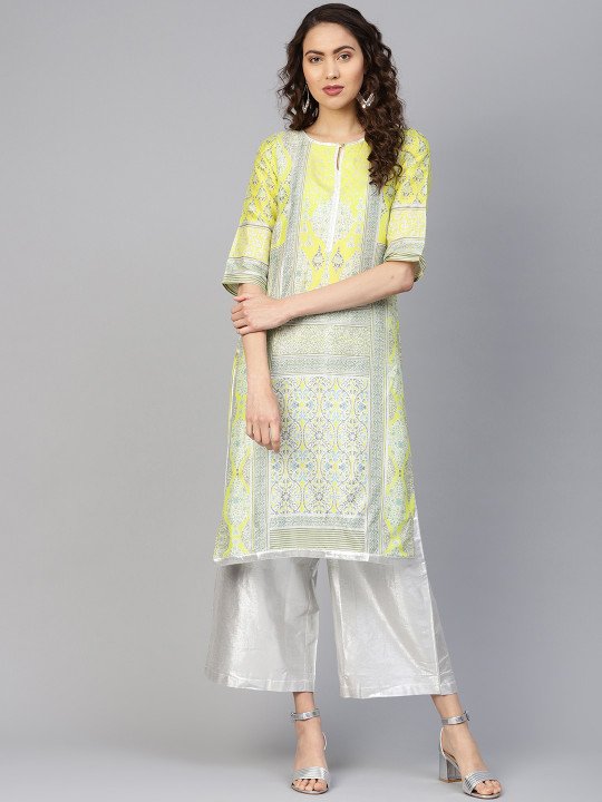women yellow & silver printed straight kurta